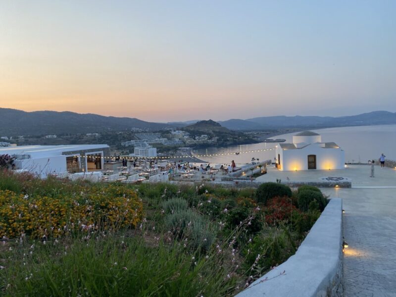 Sunset over Vlicha bay from the terrace at Ktima Lindos, Rhodes