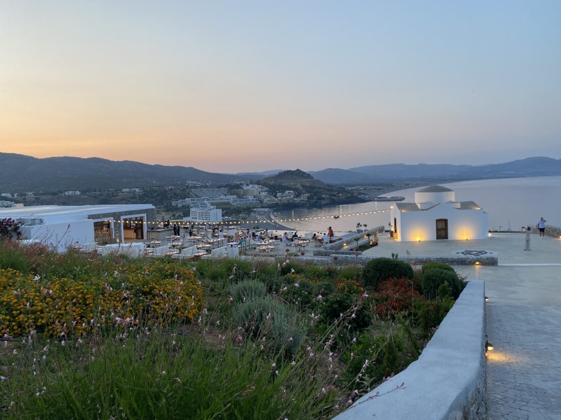 Sunset over Vlicha bay from the terrace at Ktima Lindos, Rhodes