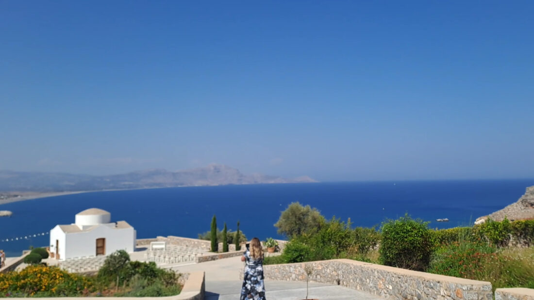 The chapel and terrace above the sea in daylight at Ktima Lindos, Rhodes