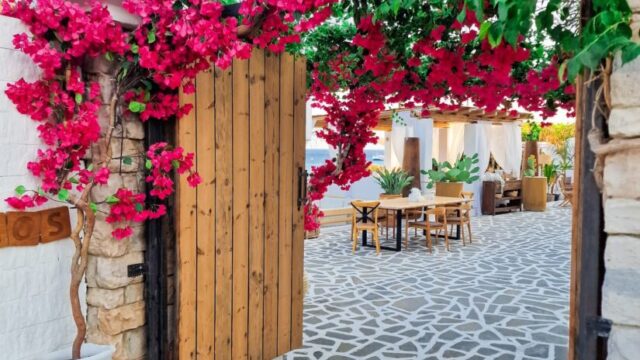 Bougainvillea covered entrance archway at Lythos wedding venue, Rhodes