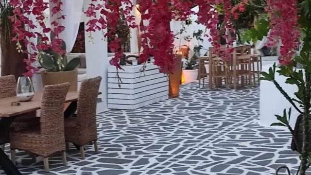 Walkway under hanging pink bougainvillea at Lythos wedding venue, Rhodes