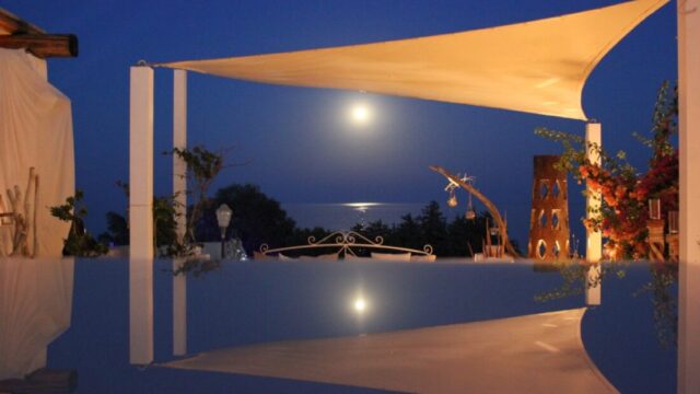 Moonlight over the Aegean from the shaded terrace at Lythos, Rhodes