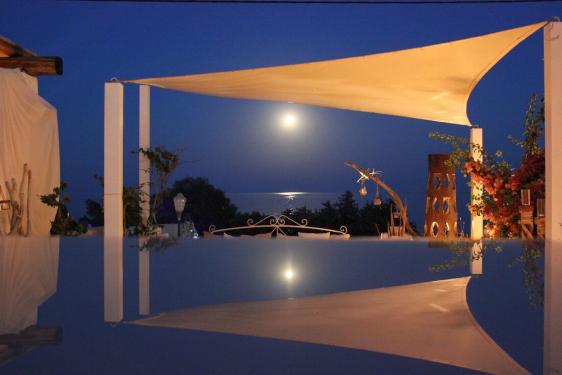 Moonlight over the Aegean from the shaded terrace at Lythos, Rhodes