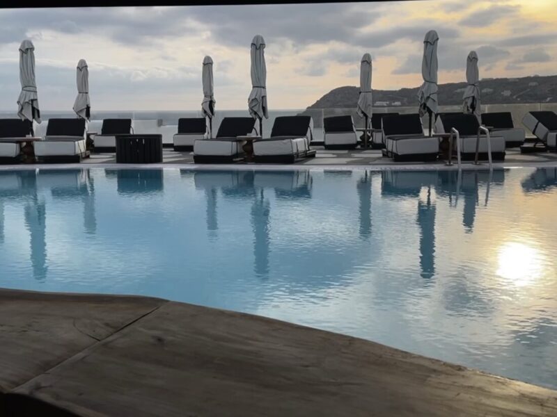 Pool and loungers in the evening at Royal Myconian, Elia Beach, Mykonos