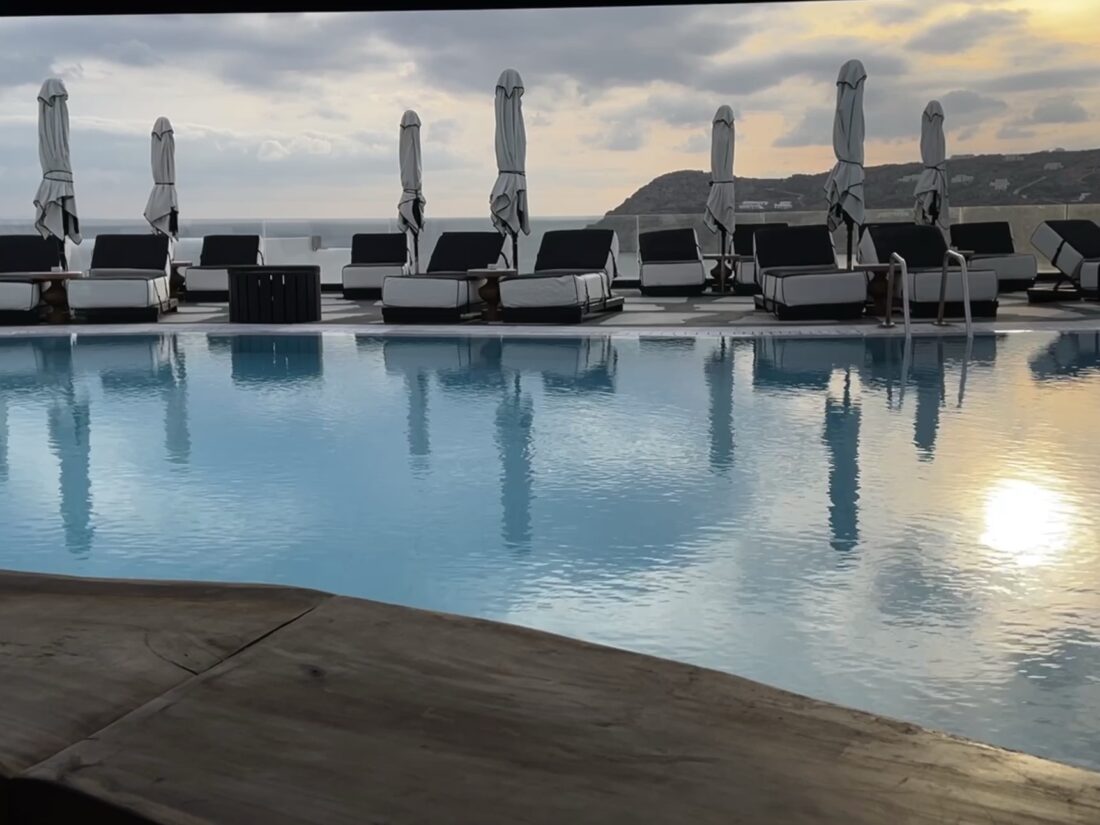 Pool and loungers in the evening at Royal Myconian, Elia Beach, Mykonos